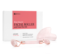 RODILLO Y HERRAMIENTA FACIAL GUA SHA DE CUARZO ROSA by BIOVEA