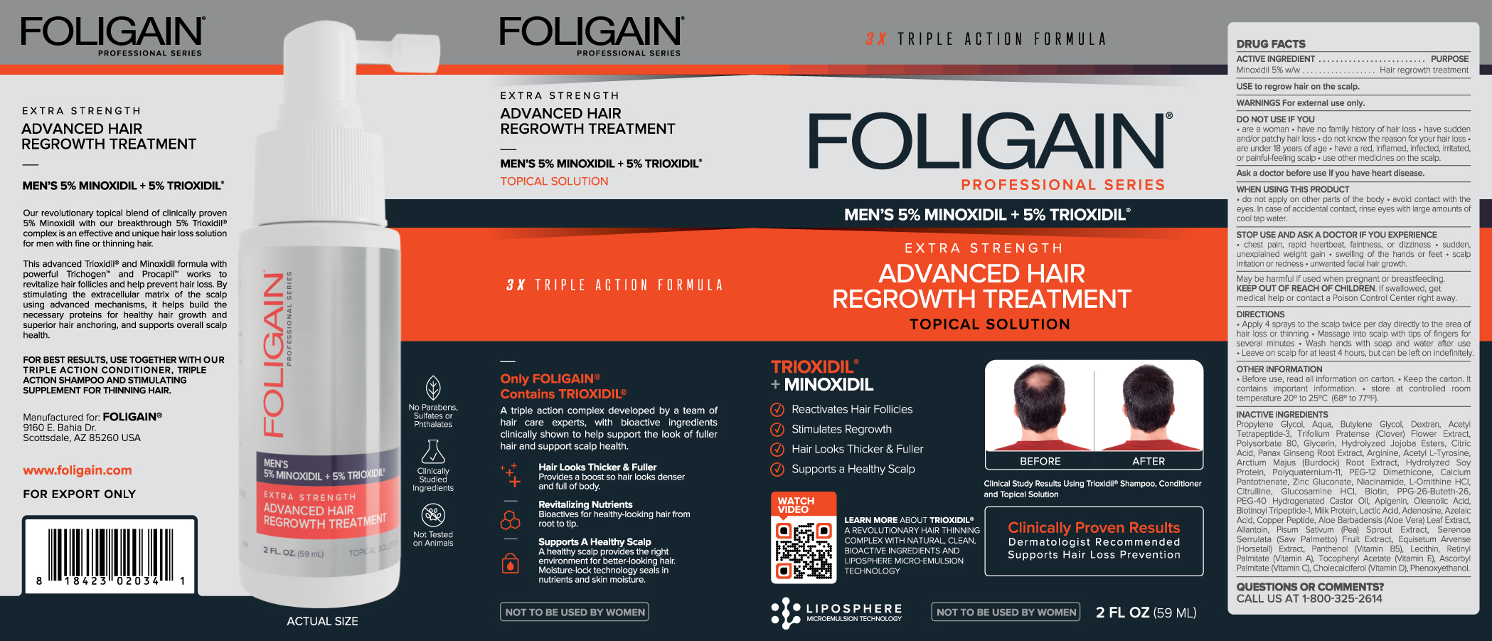 MINOXIDIL 5% FOLIGAIN TRATAMIENTO PARA EL RECRECIMIENTO DEL CABELLO Para Hombres con 5% Trioxidil® (2oz) 59ml Suministro para 1 Mes de - BIOVEA ESPAÑA