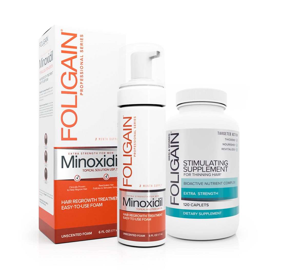MINOXIDIL 5% FOLIGAIN ESPUMA PARA EL RECRECIMIENTO DEL CABELLO Hombres (6 oz) 177ml Suministro por 3 Meses + FOLIGAIN PARA PÉRDIDA DEL CABELLO 120 Cápsulas de FOLIGAIN - BIOVEA ESPAÑA