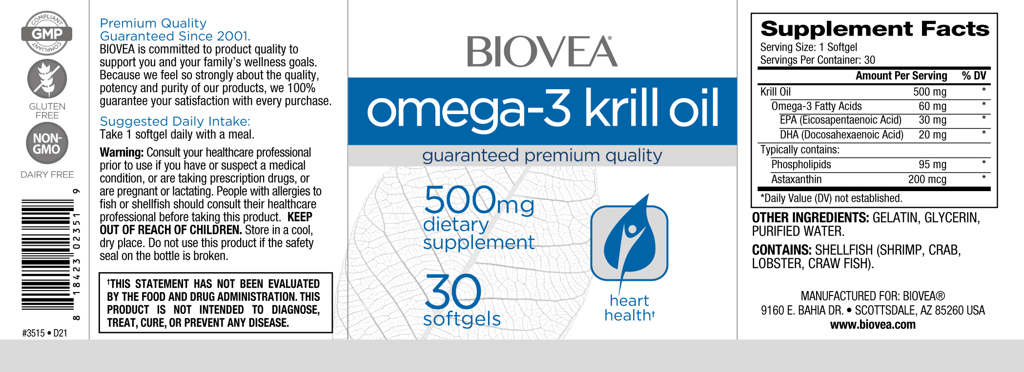OMEGA-3 KRILL OIL 500mg 30 Softgels by BIOVEA - BIOVEA EUROPE