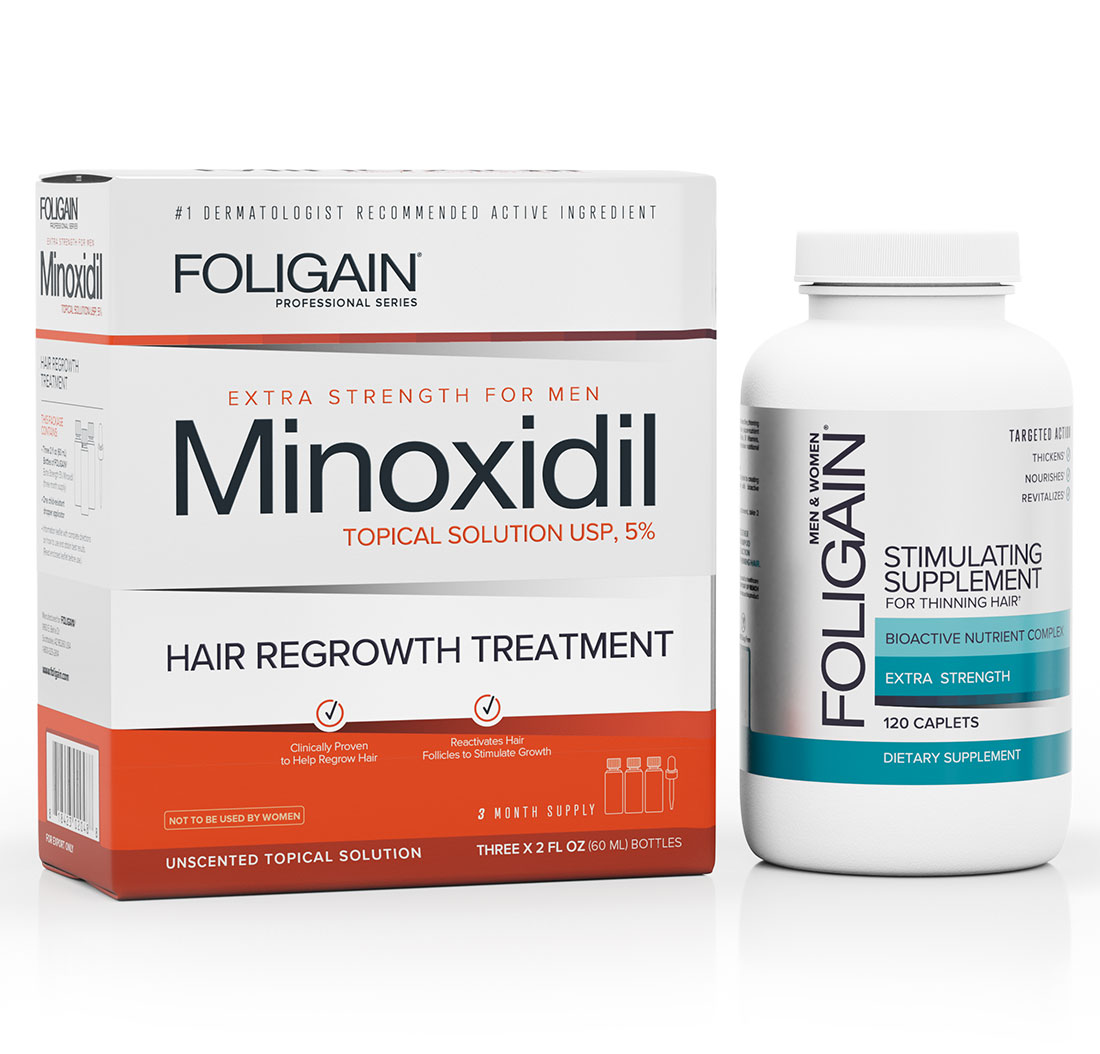MINOXIDIL 5% FOLIGAIN TRATTAMENTO PER LA RICRESCITA DEI CAPELLI Per Uomo (6 fl oz) 180ml Provvista di 3 Mesi + FOLIGAIN INTEGRATORE STIMOLANTE PER LA RICRESCITA DEI CAPELLI 120 Compresse PACCO CONVENIENZA