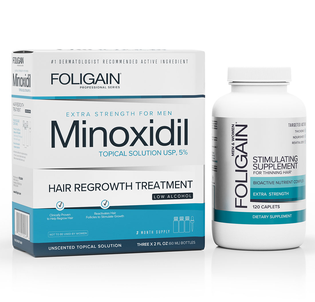 FOLIGAIN MINOXIDIL 5% HAIR REGROWTH TREATMENT For Men Formula (Low Alcohol) (6 fl oz) 180ml 3 Month + FOLIGAIN STIMULATING HAIR REGROWTH SUPPLEMENT 120 Caplets VALUE PACK by FOLIGAIN - BIOVEA TAIWAN