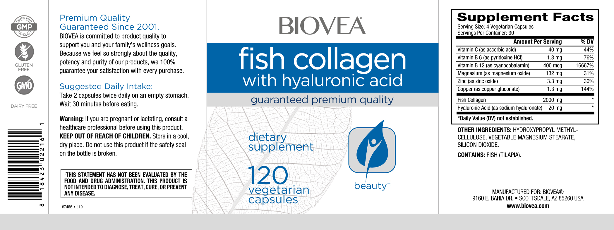 Fish Collagen With Hyaluronic Acid 120 Capsules | BIOVEA